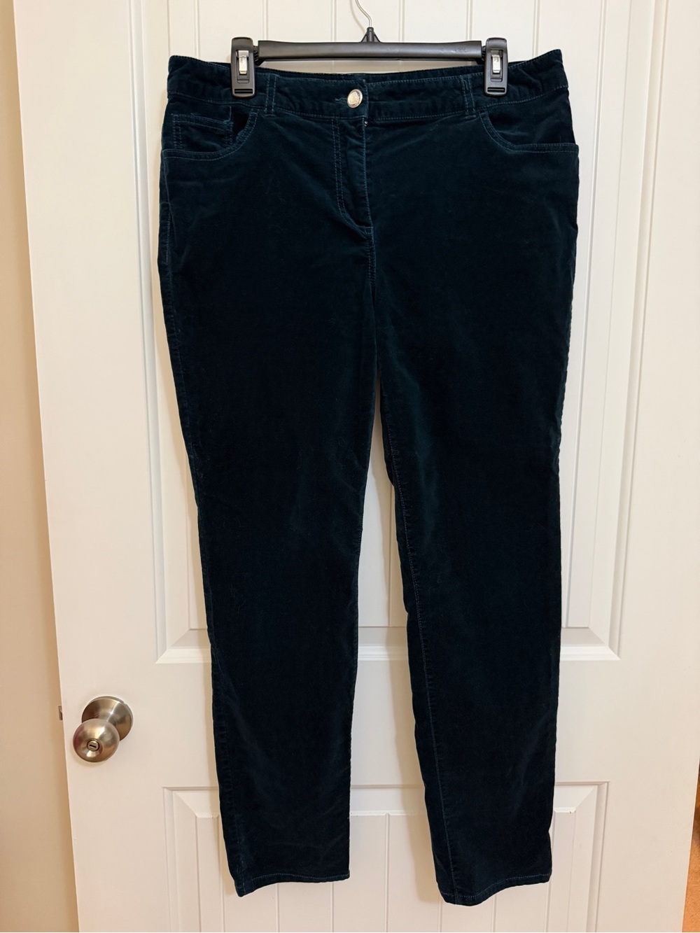 Chico's Dark Green Corduroy Stretch Skinny Pants Jeweled Button Sz 2R